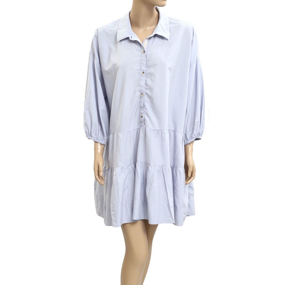 Free People Free-est Misha Mini Dress Cotton Tiered Puff Sleeve Blue L 283405 - Picture 2 of 6